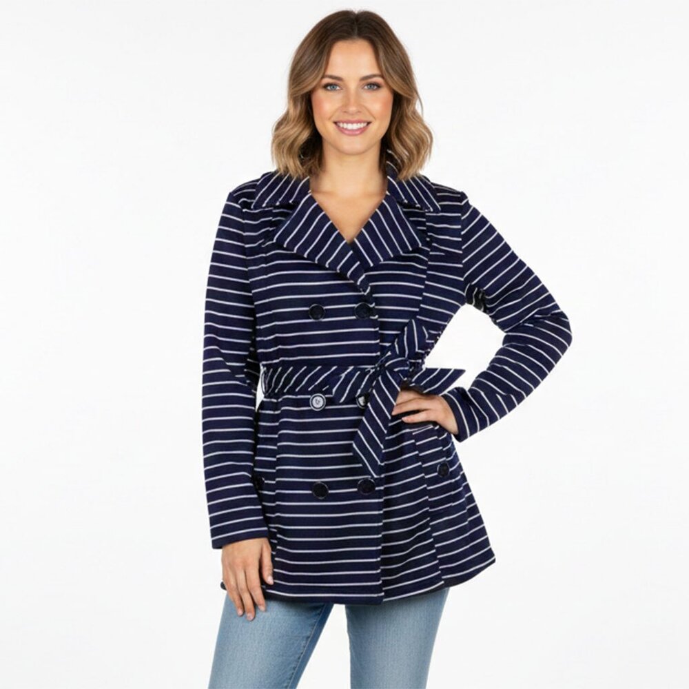 Sabrina Lauren Navy White Striped Jacket Fleece Lined Peacoat Double Breasted